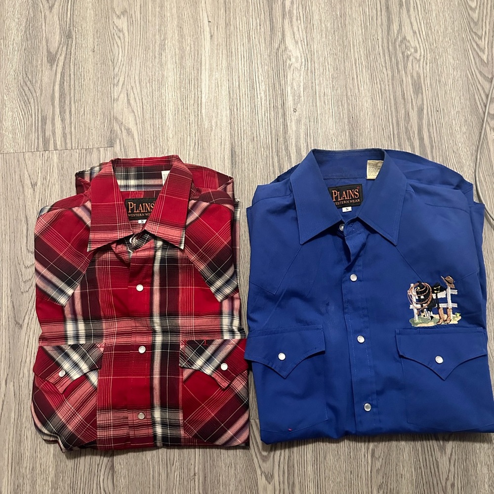 Lot Of 2 VTG Plains Western Wear Pearl Snap Red And Blue Button Shirt Size Small